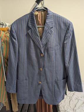 Vintage Wool Linen Blazer – Blue Tan Stripe Sport Coat (Size 40R)